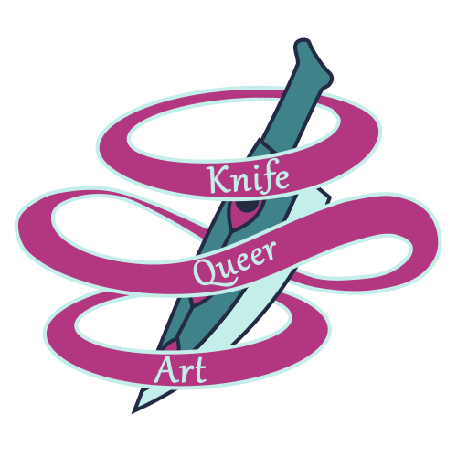 A logo of a knife with 3 pink rings around it, reading Knife Queer Art